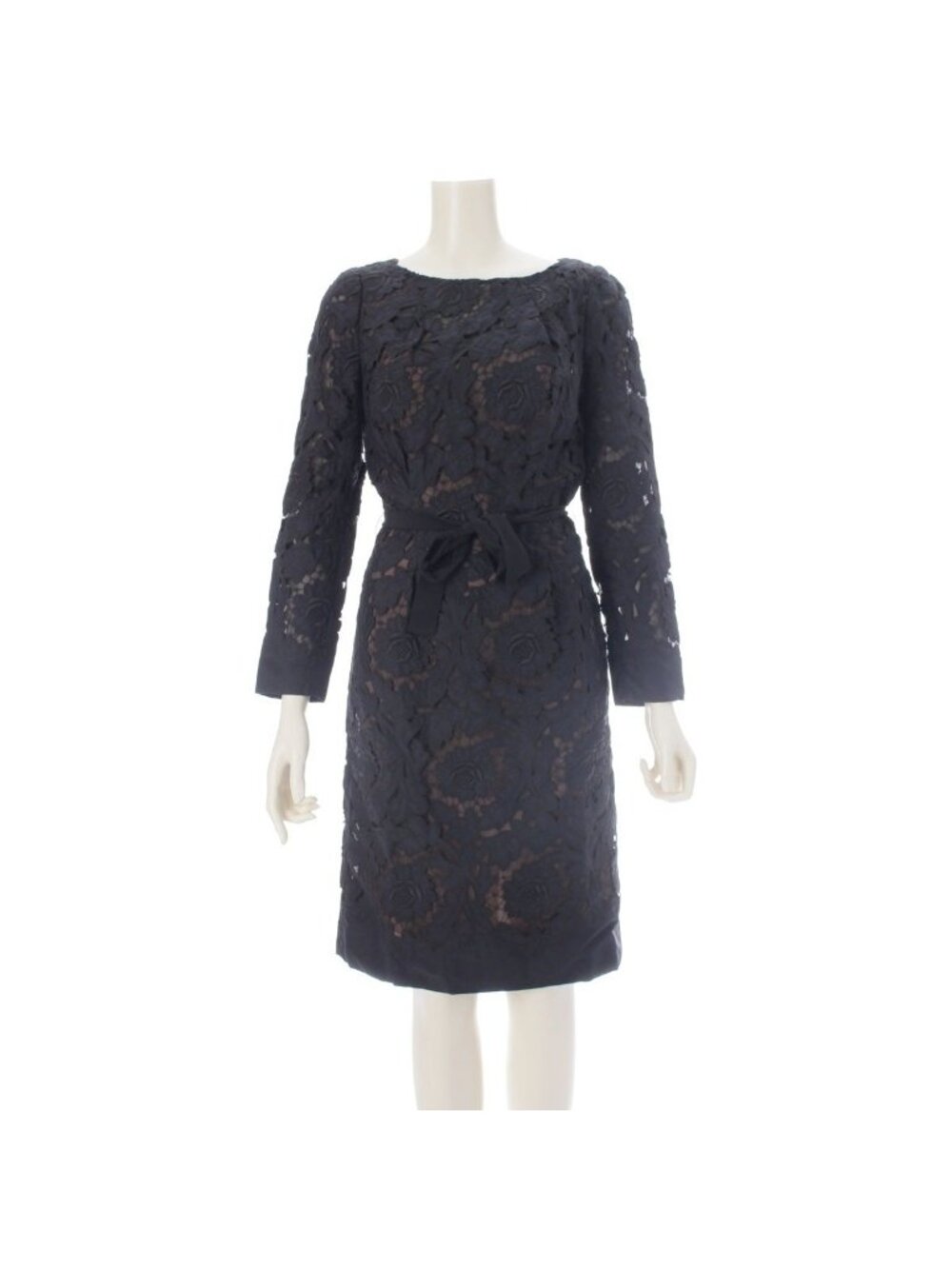 Prada Flower Embroidery Full Lace Boat Neck Long Sleeve Dress Navy 38
